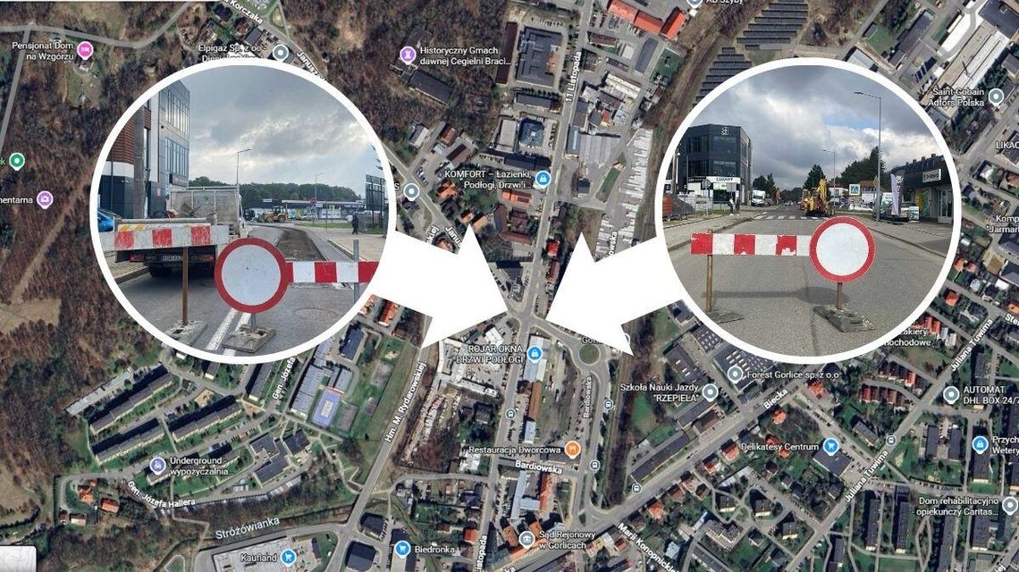 Czy będzie objazd i skrót w okolicy budowanego ronda przy ul. 11 listopada? Jest problem zdjęcie przedstawia mapkę i dwa zdjęcia z ulicy miasta