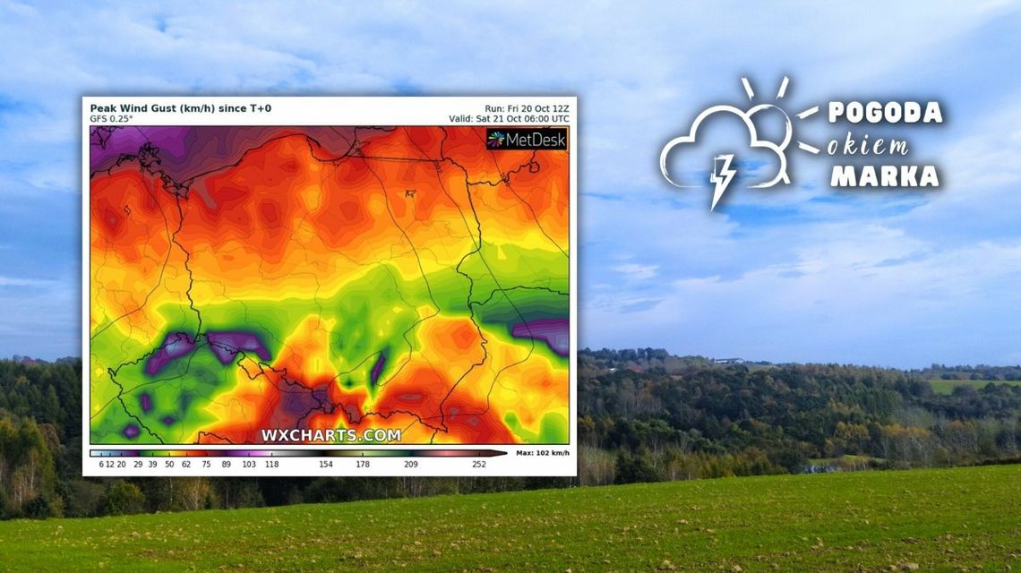 Jesienny krajobraz z ulicy Brzozowej w Moszczenicy i mapa pogody Polski