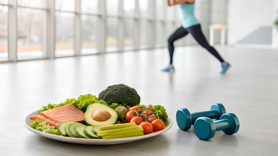 zdjęcie przedstawia talerz z warzywami, w tle ćwicząca dziewczyna