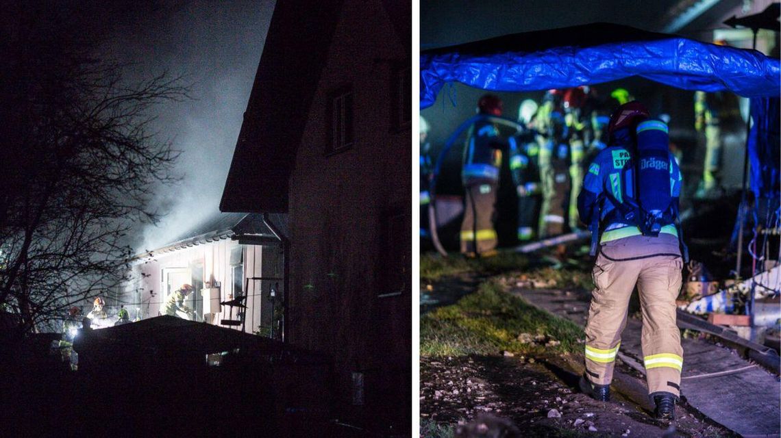 Gorlice. Pożar w budynku mieszkalnym. Jeden z domowników był poszukiwany zdjęcie przedstawia strażaków przy domu z którego wydobywa się dym
