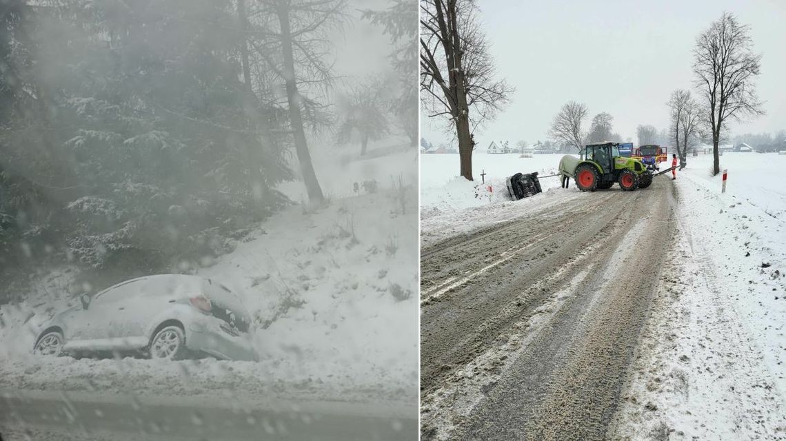 samochody w rowach, zdjęcia wykonane w zimie na drogach powiatu gorlickiego