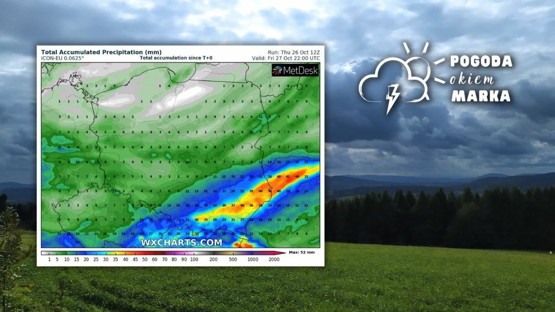 Chmury nad Beskidem Niskim i mapa pogody Polski