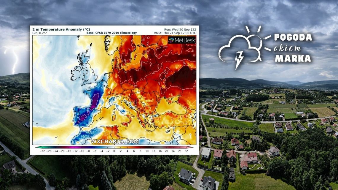 Widok na Beskid Niski z drona i mapa pogody Europy