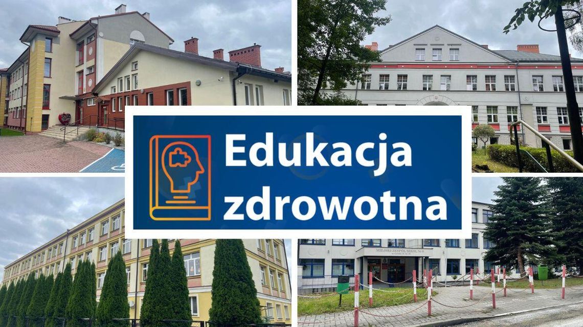 zdjęcie przedstawia budynki szkół w Gorlicach, przed nimi napis edukacja zdrowotna