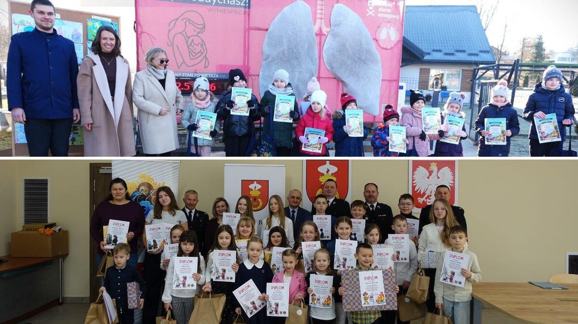 zdjęcie przedstawia grupę osób, dzieci z dyplomami