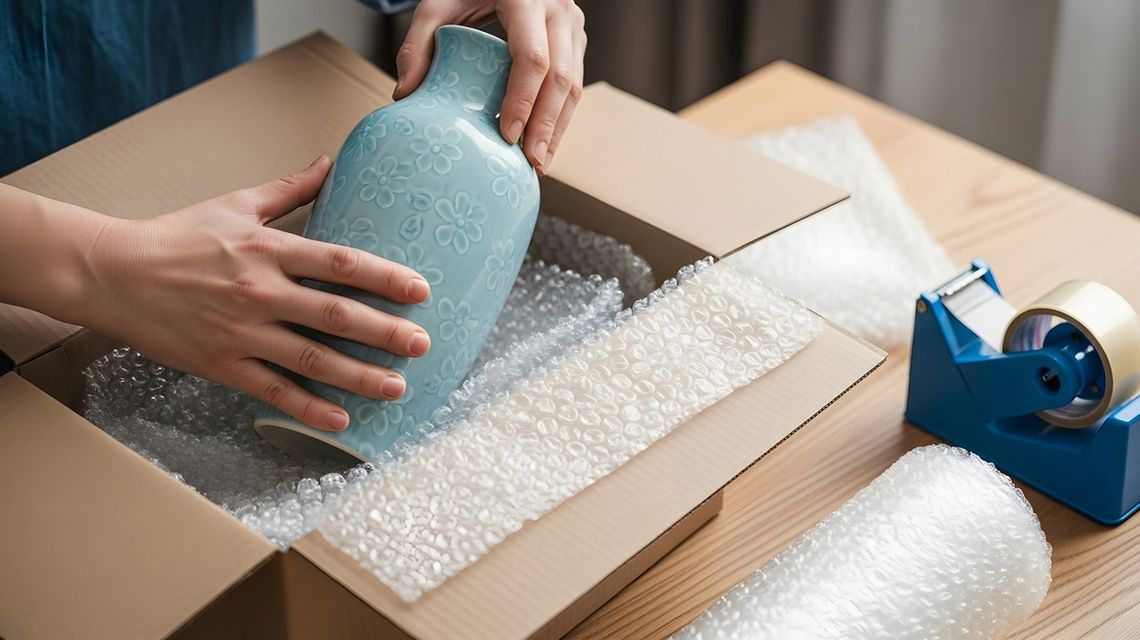 zdjęcie przedstawia osobę, która pakuje wazon w folię bąbelkową