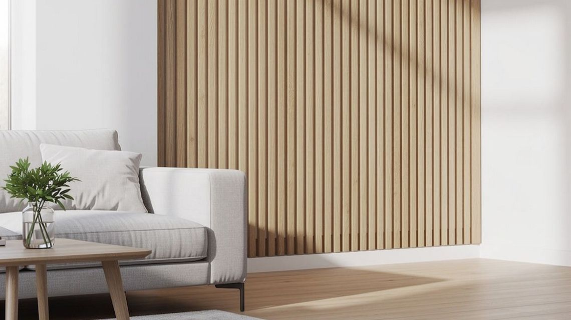 zdjęcie przedstawia wnętrze pokoju ze ścianą, sofą do siedzenia, stolikiem i kwiatkiem stojącym na nim