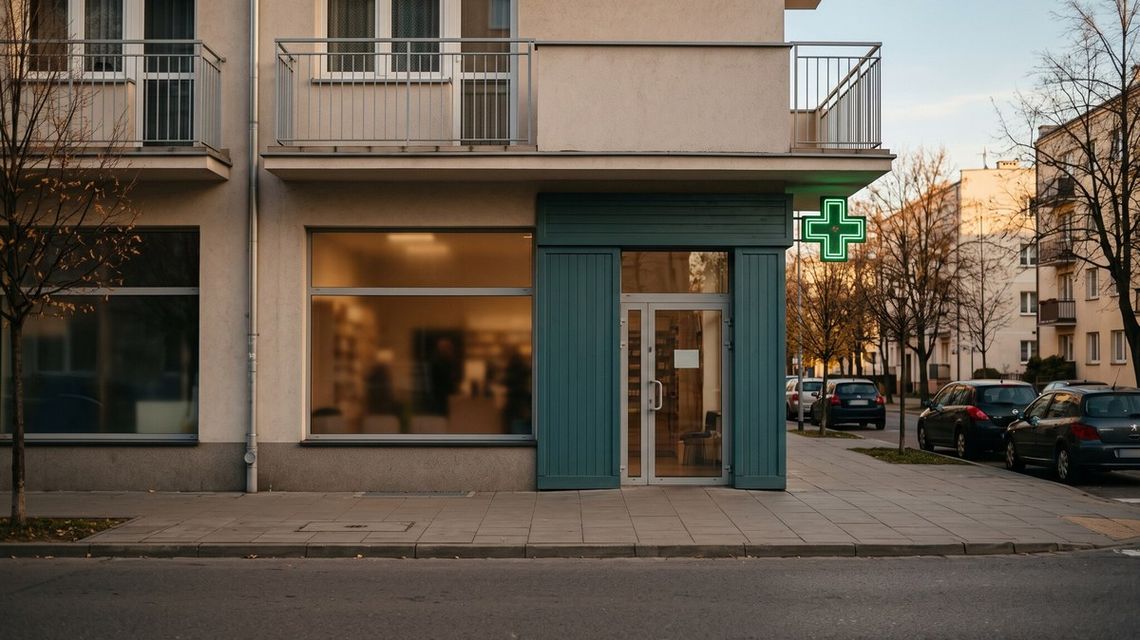 Gorlice: 14 aptek w mieście i rynek pracy farmaceutów w Małopolsce budynek z apteką, widoczna witryna i drzwi apteki od strony ulicy, koło drzwi zielony krzyż