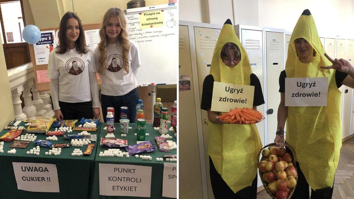 zdjęcie przedstawia dwie dziewczyny w białych koszulkach i dwóch chłopaków przebranych za banany