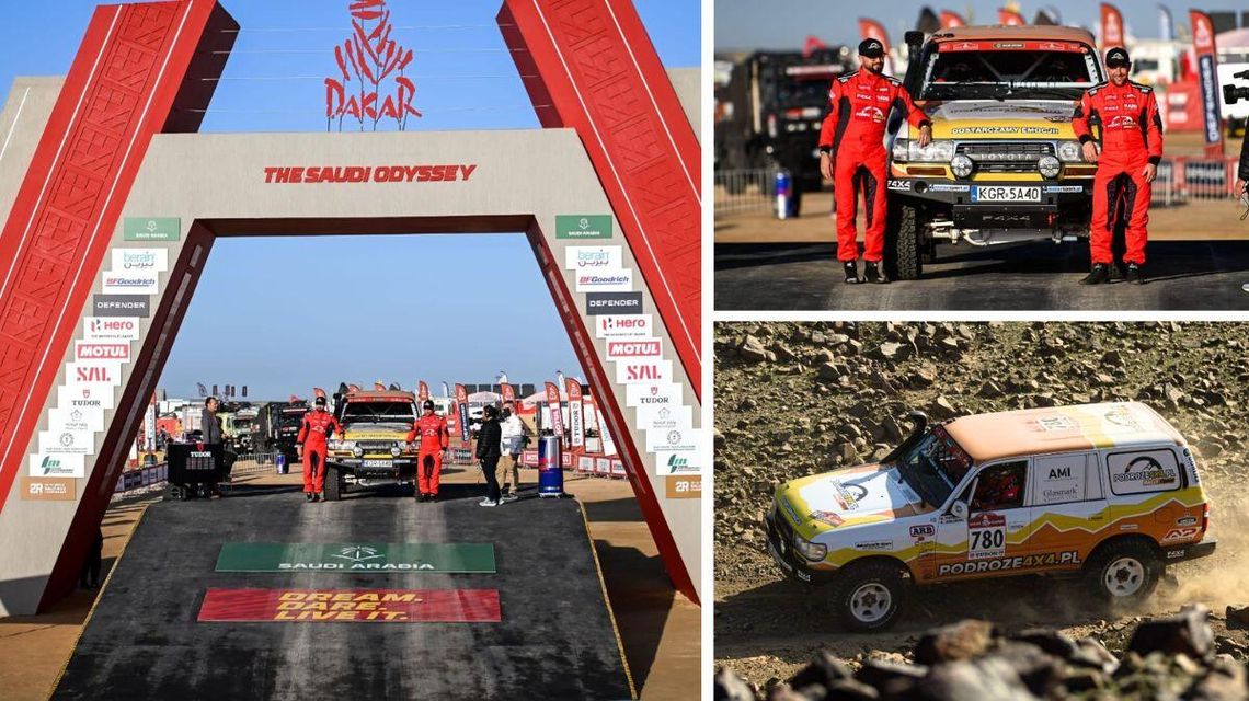 Historia na naszych oczach. Gorliczanin Mariusz Pietrzycki jedzie w legendarnym Rajdzie Dakar zdjęcie przedstawia samochód i osoby w kombinezonach kierowców rajdowych