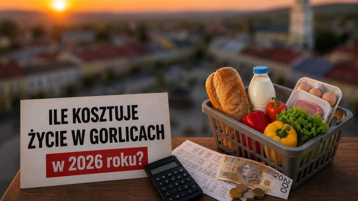 zdjęcie przedstawia Rynek w Gorlicach, koszyk z zakupami, pieniądze, kalkulator, paragon i tablice z napisem