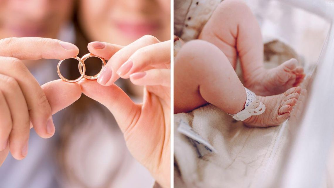 Zdjęcie przedstawia ślub i stopy bobasa