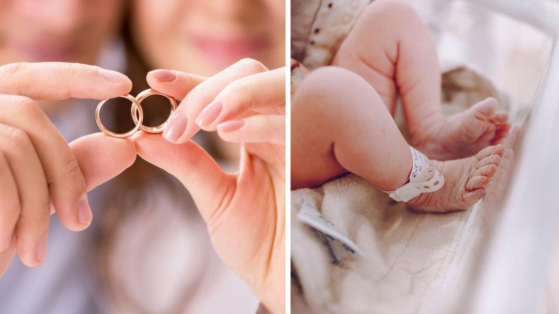 Zdjęcie przedstawia ślub i stopy bobasa