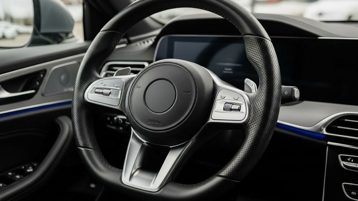 zdjęcie przedstawia kierownicę w samochodzie