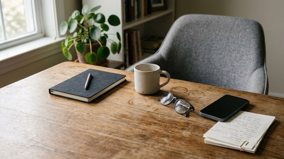 biurko, na którym leżą kalendarz, kubek, okulary, telefon i notes, przed biurkiem stoi fotel