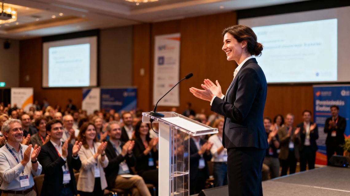 Jak wybrać salę konferencyjną na Mazurach? Najważniejsze kryteria wyboru zdjęcie przedstawia kobietę na scenie przed widownią