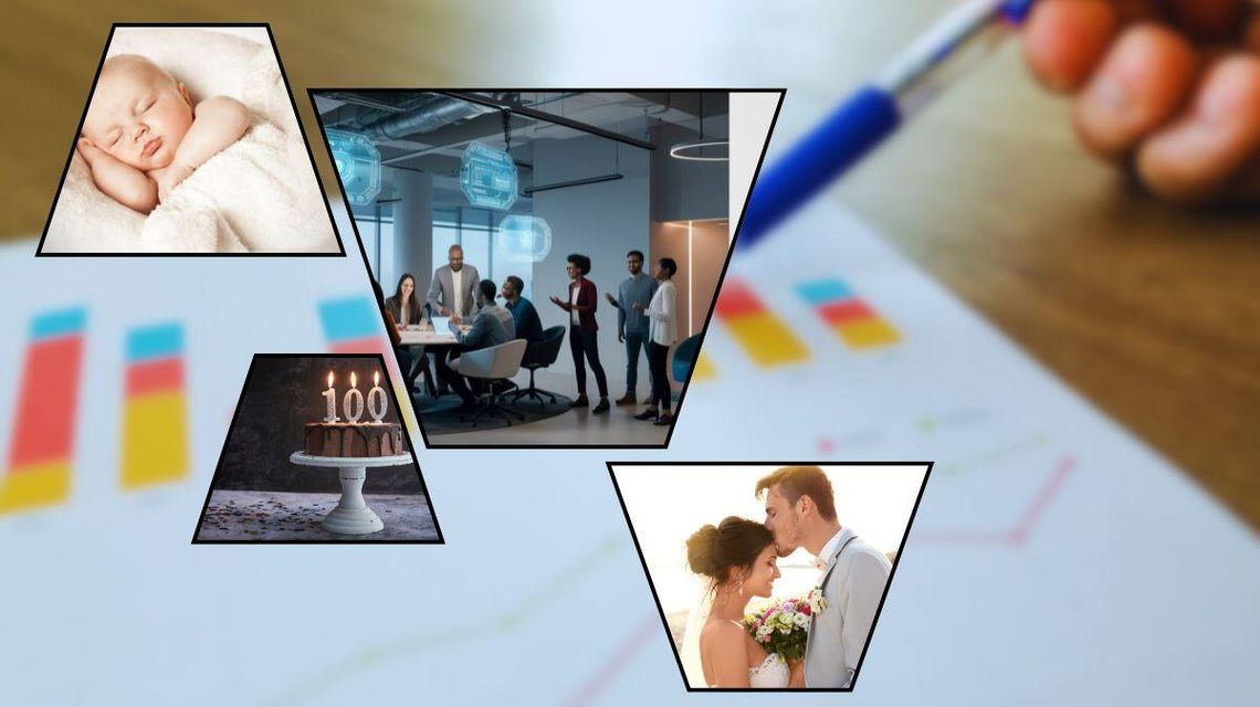 Zdjęcie przedstawia statystyki, ludzi, tort