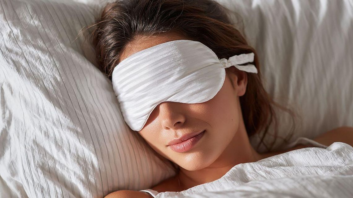 zdjęcie przedstawia kobietę, która ma na oczach opaskę do spania