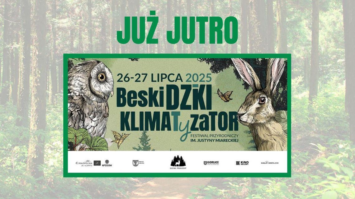 zdjęcie przedstawia las i plakat z napisami