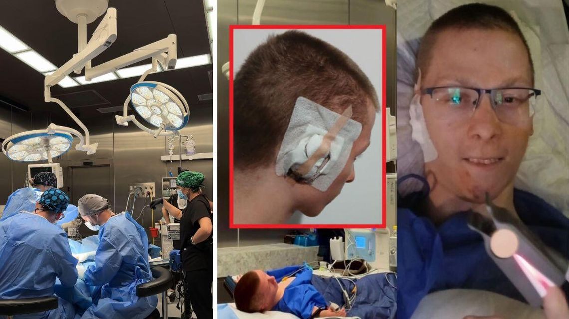 zdjęcie przedstawia chłopaka z opatrunkiem na uchu