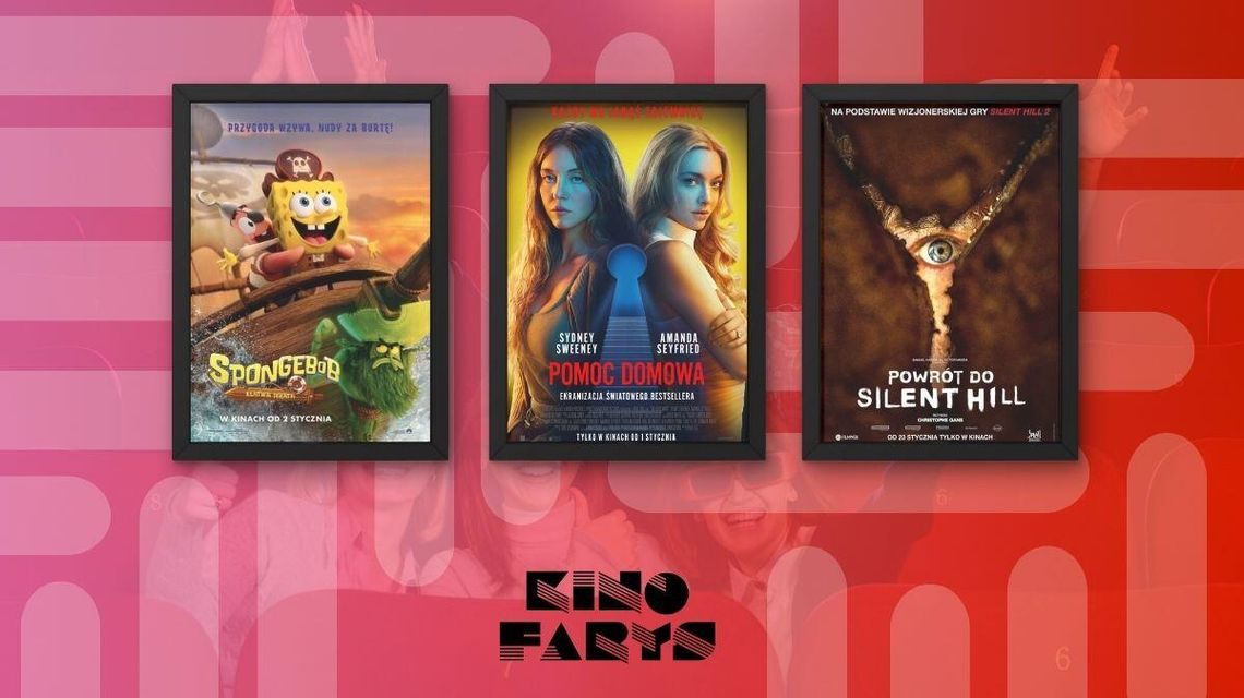 Zdjęcie przedstawia plakaty filmów wyświetlanych w kinie Farys w Bieczu