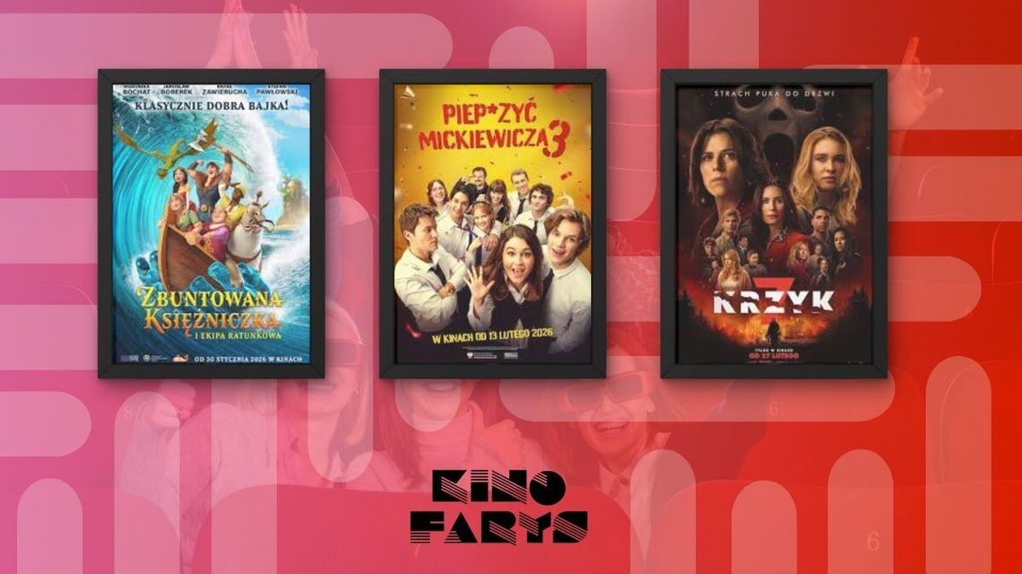 Zdjęcie przedstawia plakaty filmów wyświetlanych w kinie Farys w Bieczu