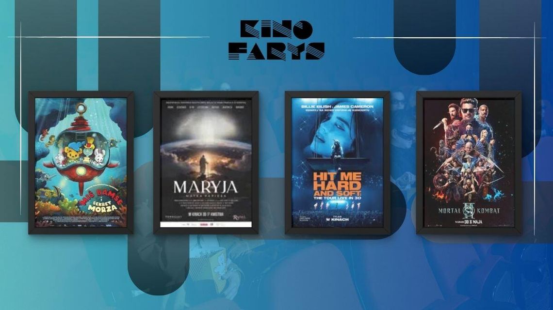 Zdjęcie przedstawia plakaty filmów wyświetlanych w kinie Farys w Bieczu