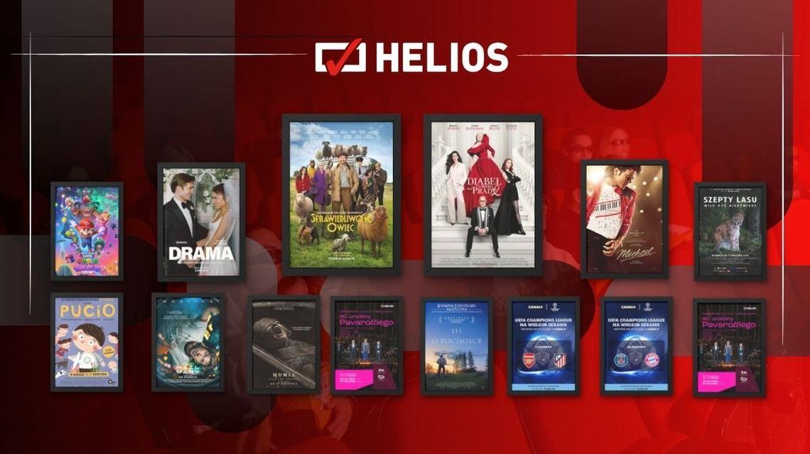 Zdjęcie przedstawia plakaty filmów wyświetlanych w kinie Helios w Nowym Sączu