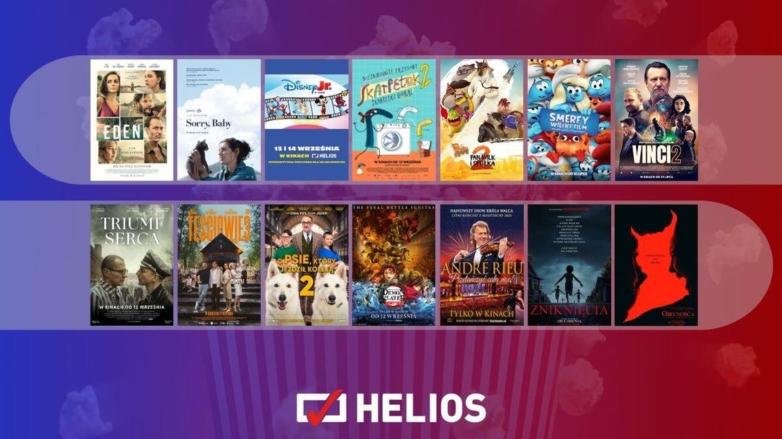 Zdjęcie przedstawia plakaty filmów wyświetlanych w kinie Helios w Nowym Sączu