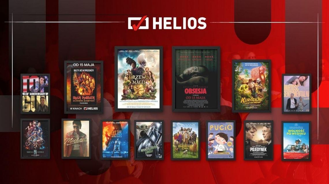 Zdjęcie przedstawia plakaty filmów wyświetlanych w kinie Helios w Nowym Sączu