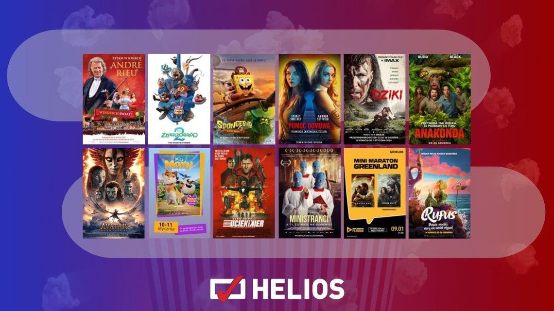 Zdjęcie przedstawia plakaty filmów wyświetlanych w kinie Helios w Nowym Sączu