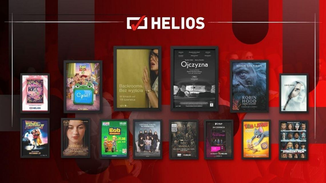 Zdjęcie przedstawia plakaty filmów wyświetlanych w kinie Helios w Nowym Sączu