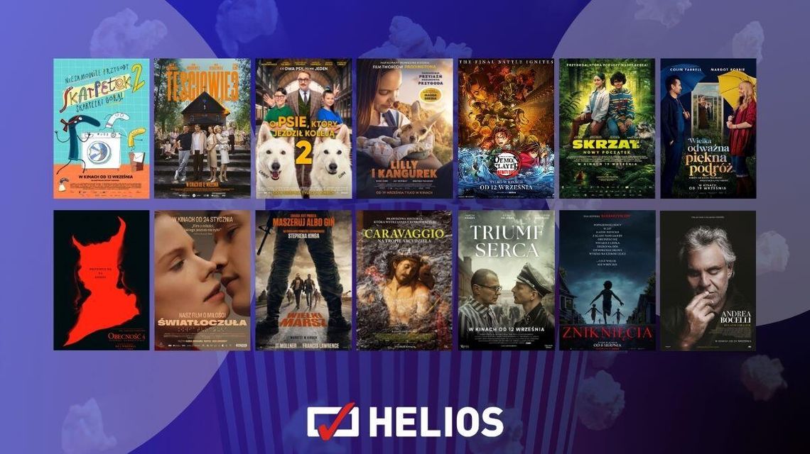 Zdjęcie przedstawia plakaty filmów wyświetlanych w kinie Helios w Nowym Sączu