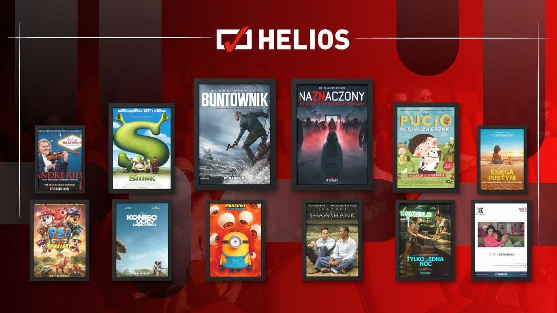 Zdjęcie przedstawia plakaty filmów wyświetlanych w kinie Helios w Nowym Sączu