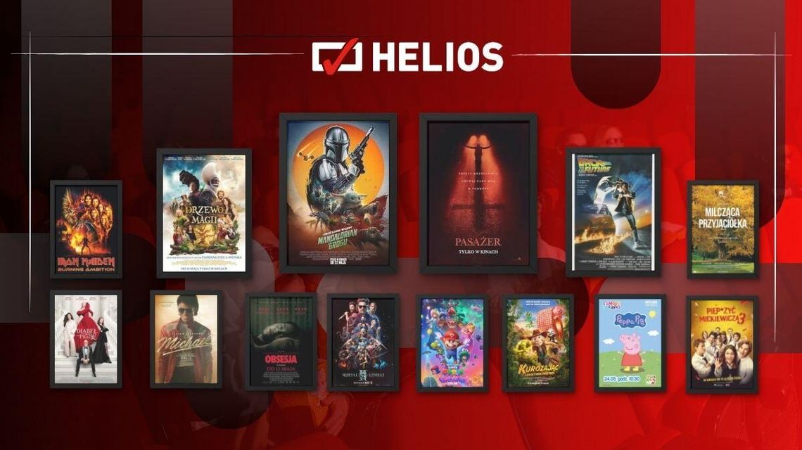Zdjęcie przedstawia plakaty filmów wyświetlanych w kinie Helios w Nowym Sączu