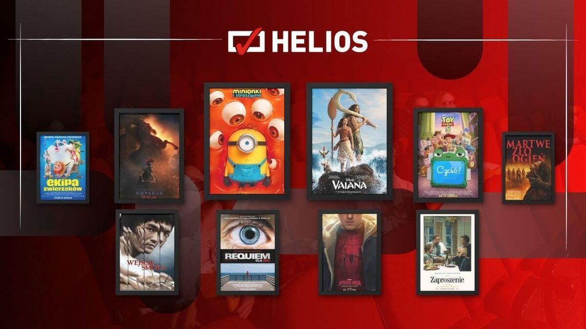 Zdjęcie przedstawia plakaty filmów wyświetlanych w kinie Helios w Nowym Sączu