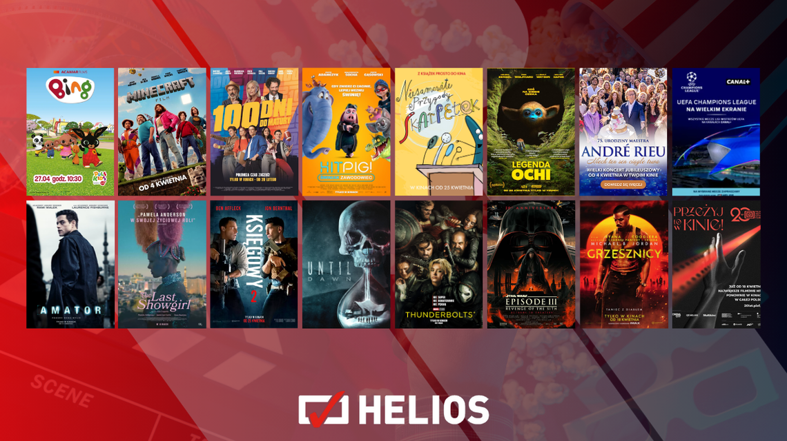 Plakaty filmów wyświetlanych w kinie Helios w Nowym Sączu