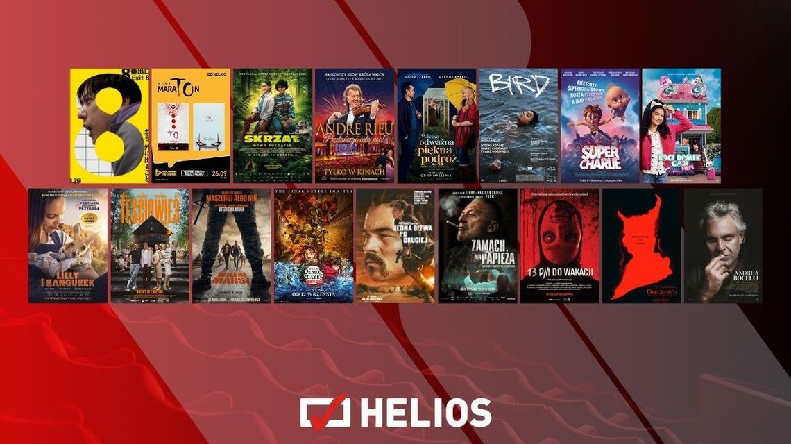 Zdjęcie przedstawia plakaty filmów wyświetlanych w kinie Helios w Nowym Sączu