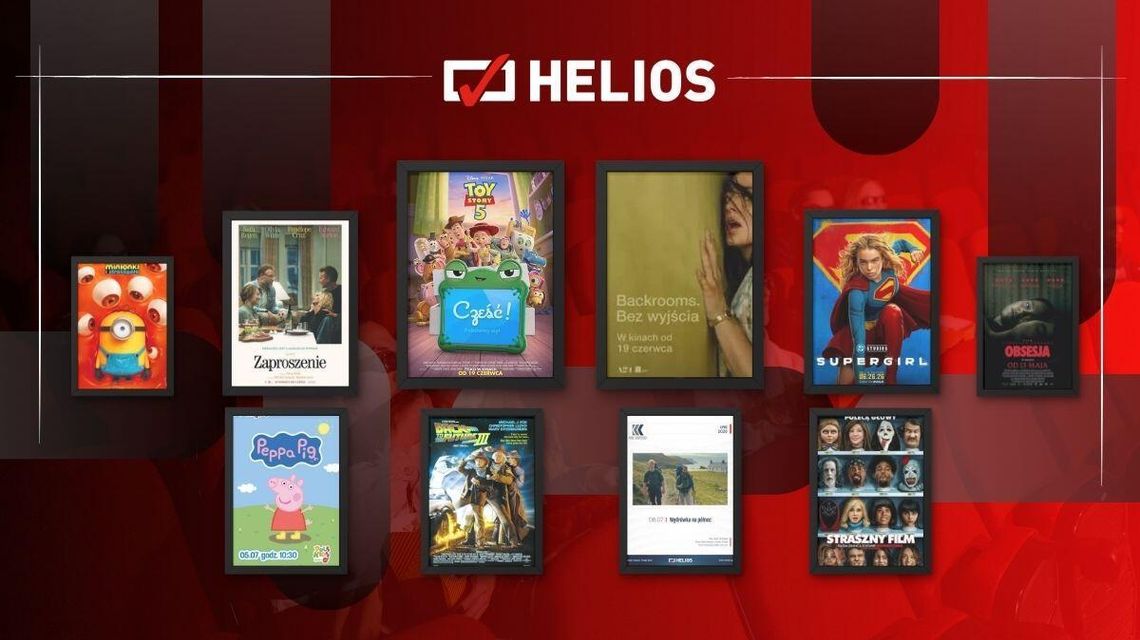 Zdjęcie przedstawia plakaty filmów wyświetlanych w kinie Helios w Nowym Sączu