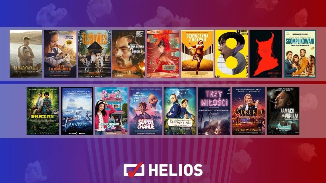 Zdjęcie przedstawia plakaty filmów wyświetlanych w kinie Helios w Nowym Sączu