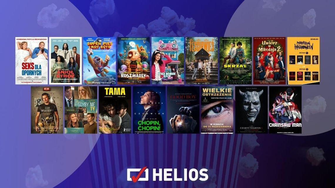Zdjęcie przedstawia plakaty filmów wyświetlanych w kinie Helios w Nowym Sączu