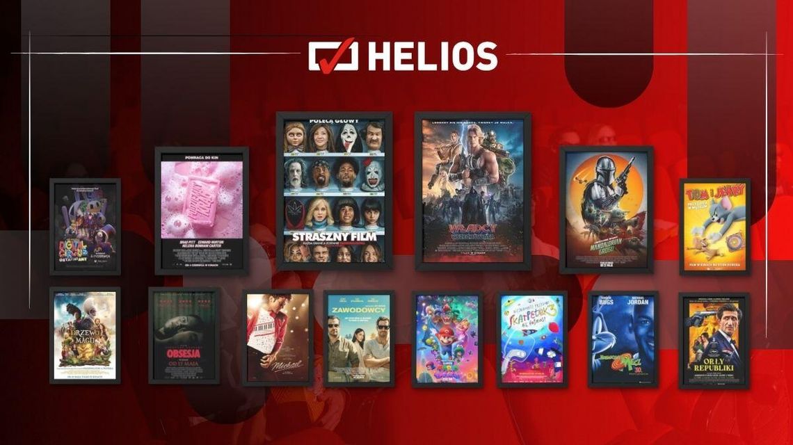 Zdjęcie przedstawia plakaty filmów wyświetlanych w kinie Helios w Nowym Sączu