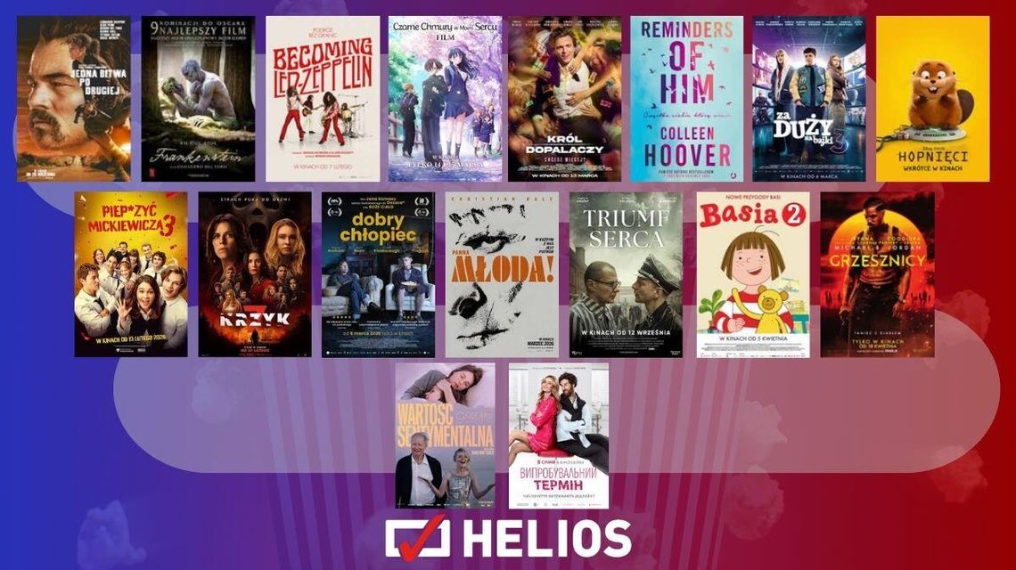 Zdjęcie przedstawia plakaty filmów wyświetlanych w kinie Helios w Nowym Sączu