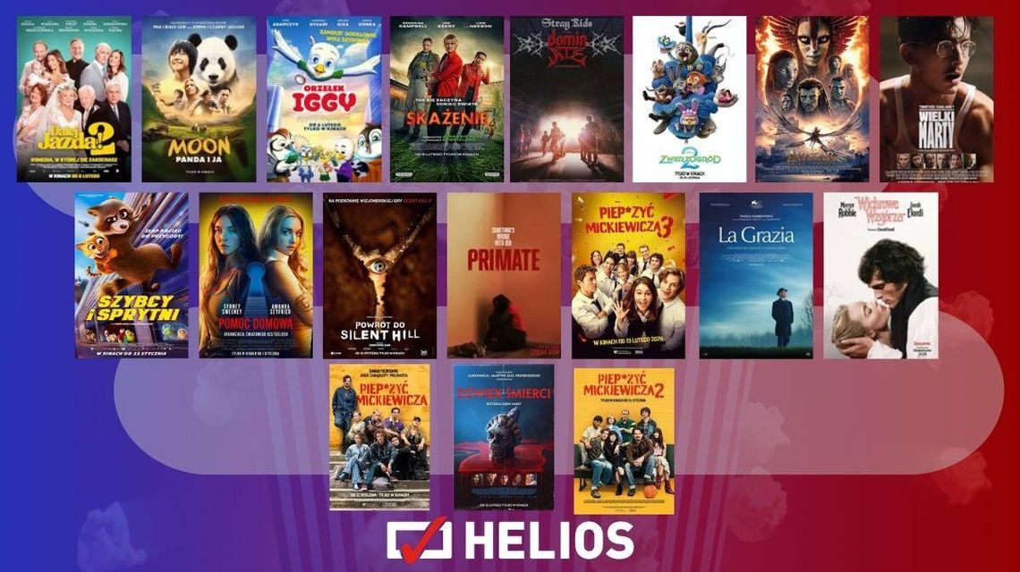 Zdjęcie przedstawia plakaty filmów wyświetlanych w kinie Helios w Nowym Sączu