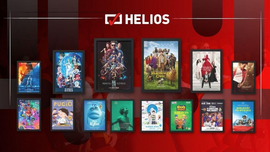 Zdjęcie przedstawia plakaty filmów wyświetlanych w kinie Helios w Nowym Sączu