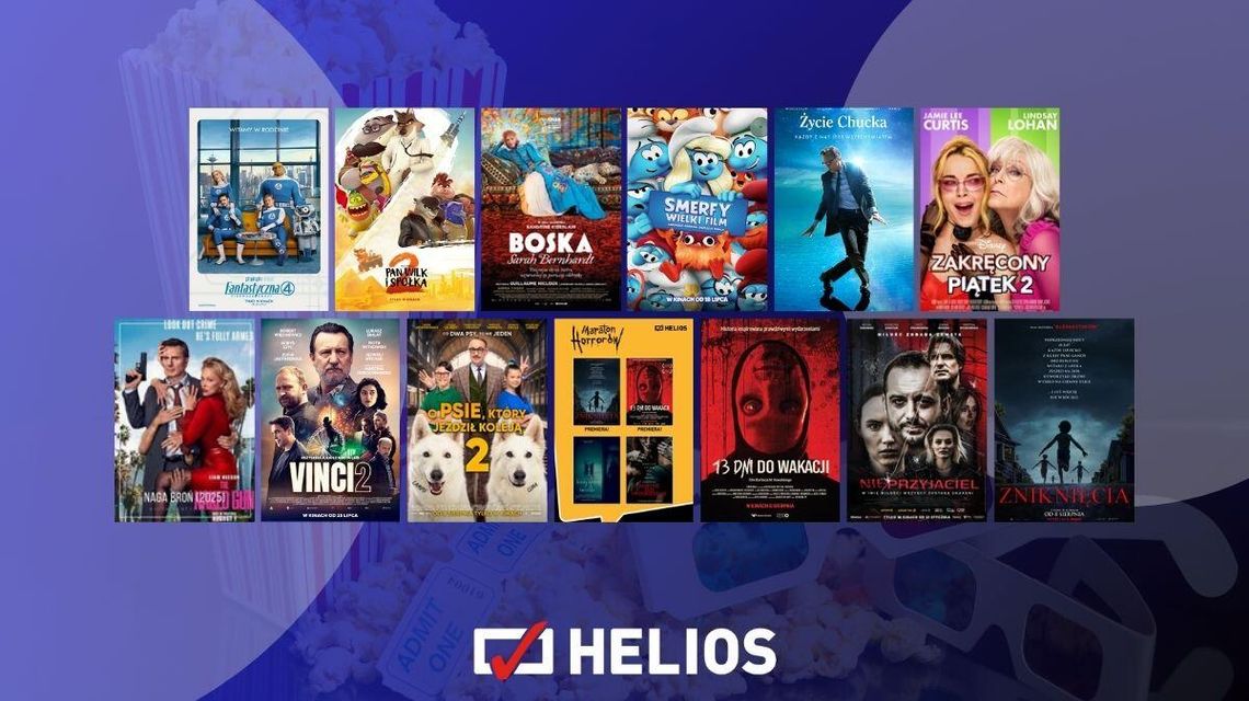 Zdjęcie przedstawia repertuar filmów wyświetlanych w kinie Helios w Nowym Sączu