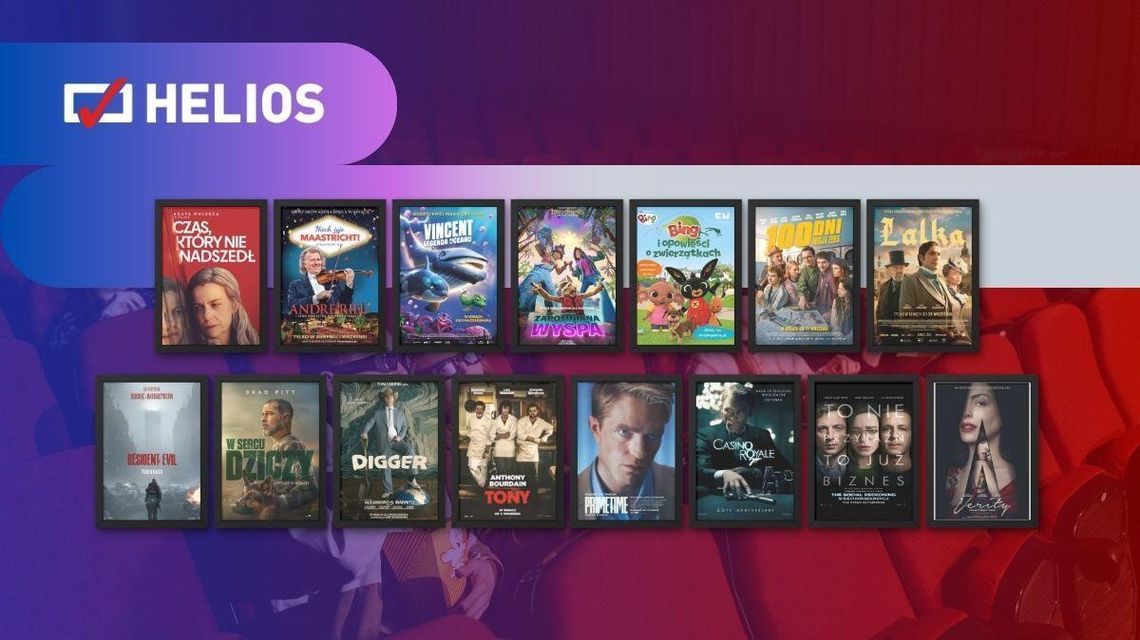 Zdjęcie przedstawia plakaty filmów wyświetlanych w kinie Helios w Nowym Sączu