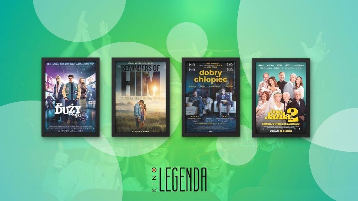 Zdjęcie przedstawia plakaty filmów wyświetlanych w kinie Legenda w Gorlicach
