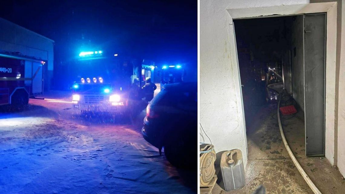 zdjęcie przedstawia samochód straży pożarnej i strażacy w korytarzu