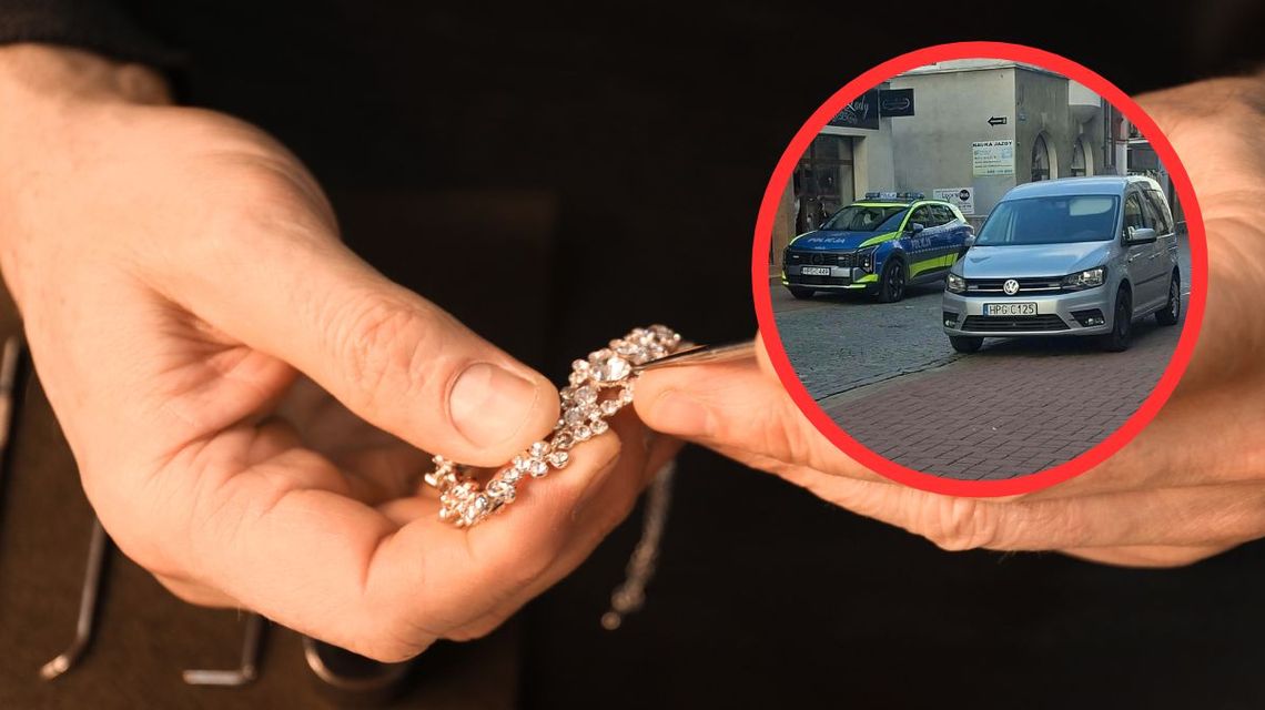 dłonie trzymające bransoletkę, obok zdjęcie policyjnego samochodu i radiowozu